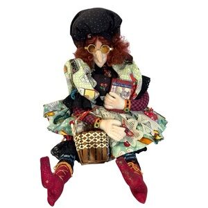 Vintage Handmade Kitchen Witch Doll Holding Cookbook cook Eye Glasses 17”